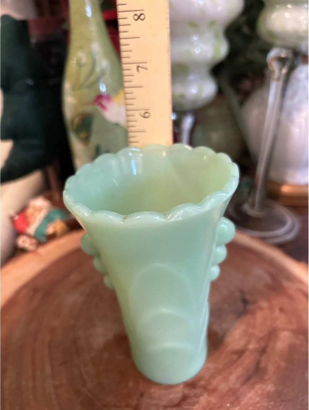 Vintage jadeite Glass Table Vase with Scalloped Rim and Bubble Detailing